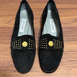 Lorenzo Banfi Woman’s Embellished Italian Black Suede Leather Loafer. Size 8M.